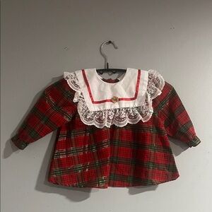 Wee Winner Vintage Festive Plaid Kids Top with Lace Collar 18 months